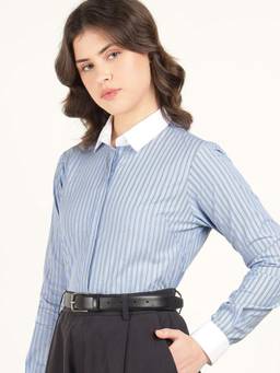 Hancock - Women Blue Striped Pure Cotton Formal Shirt