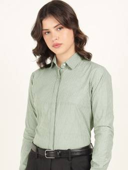 Hancock - Women Green Striped Oxford Weave Pure Cotton Formal Shirt