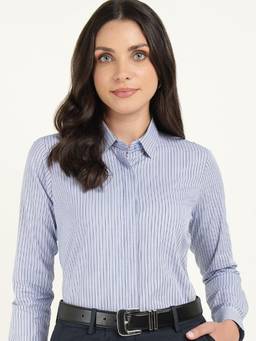 Hancock - Women Blue Striped Regular Fit Wrinkle Resistant Pure Cotton Stretch Formal Shirt