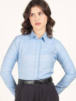 Hancock - Women Blue Aztec Self Design Pure Cotton Formal Shirt