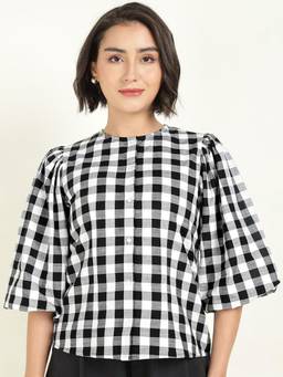 Hancock - Women White Checked Pure Cotton Regular Fit Formal Shirt