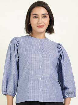 Hancock - Women Blue Striped Pure Cotton Regular Fit Formal Shirt