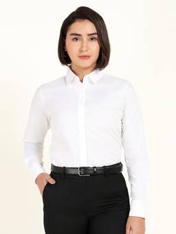 Hancock - Women White Solid French Cuff Pure Cotton Shirt