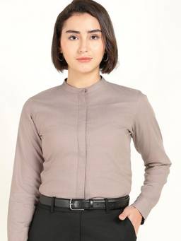 Hancock - Women Beige Pure Cotton Mandarin Collar Shirt