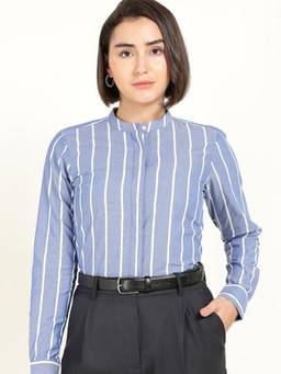 Hancock - Women Blue Striped Chambray Weave Pure Cotton Shirt