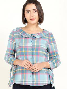 Hancock - Women Blue Checked Peter Pan Collar Pure Cotton Shirt