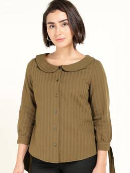 Hancock - Women Olive Striped Peter Pan Collar Pure Cotton Shirt
