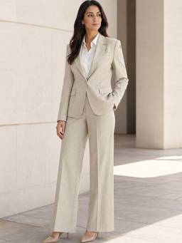 Hancock - Women Beige Solid Slim Fit Single Breasted Blazer With Trousers