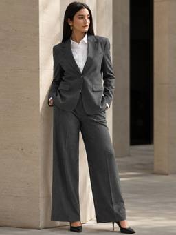Hancock - Women Dark Grey Solid Slim Fit Single Breasted Blazer With Trousers