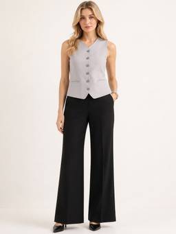 Hancock - Women Grey Solid Slim Fit Single Breasted Waistcoat With Trousers