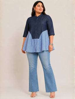 STYLLEY - Women Navy Blue Colour blocked Striped Top