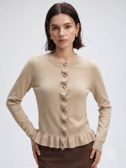 Outzidr - Beige Button Down Cardigan With Frills At The Hem