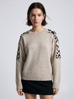 Outzidr - Beige Solid Animal Printed Sweater