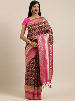 Mimosa - Patola Style Art Silk Saree Brown With Unstitched Blouse