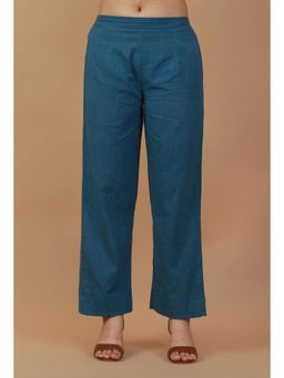 Tjori - Solid Teal Blue Cotton Straight Pants