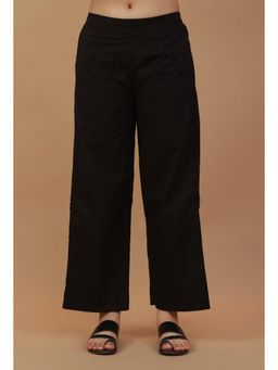 Tjori - Black Solid Cotton Wide Leg Pants