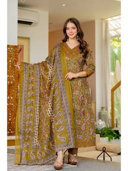 JAIMINI - Women's Mustard Cotton Mirror Work Anarkali with Pant & Dupatta