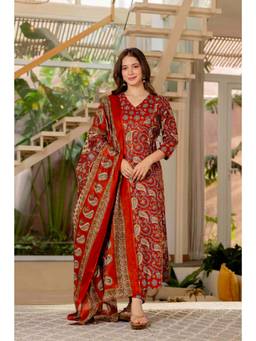 JAIMINI - Women's Red Cotton Mirror Work Anarkali with Pant & Dupatta