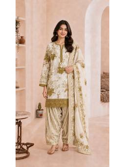 JAIMINI - Women's Olive Cotton Printed Kurta with Pant & Dupatta