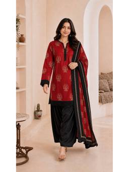 JAIMINI - Women's Red Cotton Printed Kurta with Pant & Dupatta