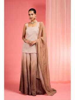 MILU MADAN - Women's Brown Organza Embroidered Kurta with Sharara & Dupatta