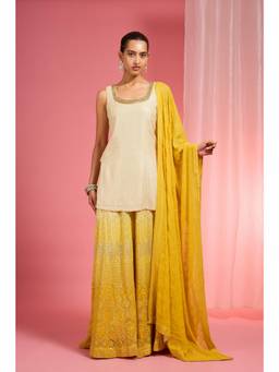 MILU MADAN - Women's Yellow Georgette Embroidered Kurta with Sharara & Dupatta