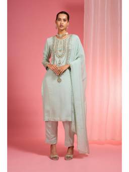 MILU MADAN - Women's Green Organza Embroidered Kurta with Pant & Dupatta