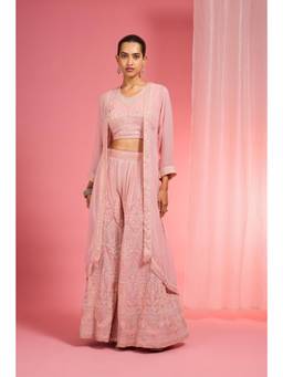 MILU MADAN - Women's Pink Georgette Embroidered Jacket with Sharara & Blouse