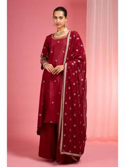 MILU MADAN - Women's Maroon Dupion Silk Embroidered Kurta with Sharara & Dupatta