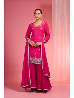 MILU MADAN - Women's Pink Chinon Embroidered Kurta with Sharara & Dupatta