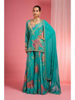MILU MADAN - Women's Blue Organza Embroidered Kurta with Sharara & Dupatta