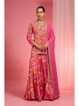 MILU MADAN - Women's Pink Chanderi Silk Embroidered Kurta with Sharara & Dupatta