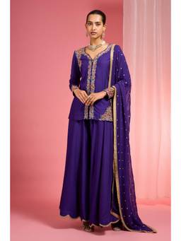 MILU MADAN - Women's Purple Cotton Silk Embroidered Kurta with Sharara & Dupatta