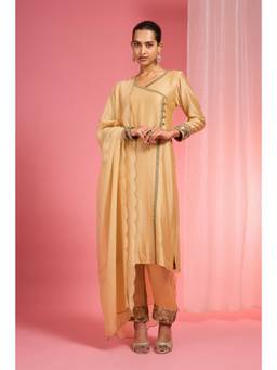 MILU MADAN - Women's Beige Chanderi Silk Embroidered Kurta with Pant & Dupatta