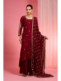 MILU MADAN - Women's Maroon Dupion Silk Embroidered Kurta with Sharara & Dupatta