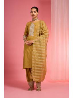MILU MADAN - Women's Mustard Chanderi Silk Embroidered Kurta with Salwar & Dupatta
