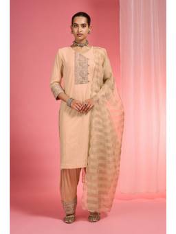 MILU MADAN - Women's Beige Chanderi Silk Embroidered Kurta with Salwar & Dupatta