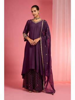MILU MADAN - Women's Purple Dupion Silk Embroidered Kurta with Sharara & Dupatta