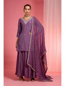 MILU MADAN - Women's Purple Dupion Silk Embroidered Kurta with Sharara & Dupatta