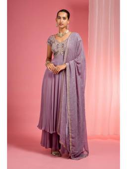 MILU MADAN - Women's Purple Georgette Embroidered Kurta with Sharara & Dupatta