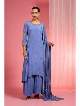 MILU MADAN - Women's Blue Silk Embroidered Kurta with Sharara & Dupatta