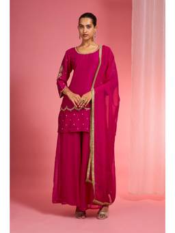 MILU MADAN - Women's Pink Dupion Silk Embroidered Kurta with Sharara & Dupatta
