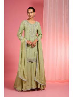 MILU MADAN - Women's Green Chinon Embroidered Kurta with Sharara & Dupatta
