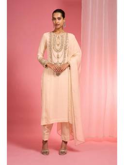 MILU MADAN - Women's Beige Organza Embroidered Kurta with Pant & Dupatta