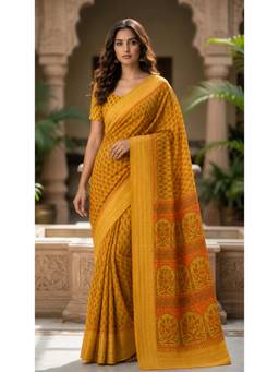 Geroo Jaipur - Women's Yellow Kota Silk Floral Saree