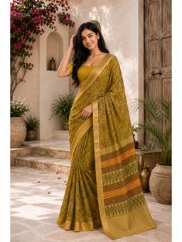 Geroo Jaipur - Women's Green Kota Silk Floral Saree