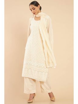 Soch - Beige Georgette Tone On Tone Dress Material with Embroidery (Set of 3)