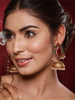 Aatmana - Gold-Plated Stones Studded Beads Beaded Dome Shaped Jhumkas