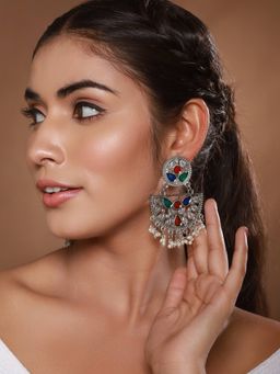 Aatmana - Silver-Plated Multi Colred Enamelled & Beaded Chandbali Earrings