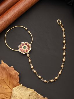 Aatmana - Gold-Plated Kundan Studded & Pearl Beaded Floral Shaped Non Piercing Nosepin with Chain